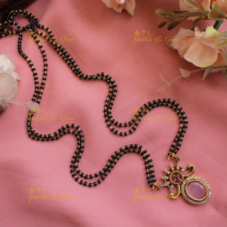 Statement floral design oval stone pendant two layer black beads necklace , mangalsutra - baby pink - Sparkle and Glow