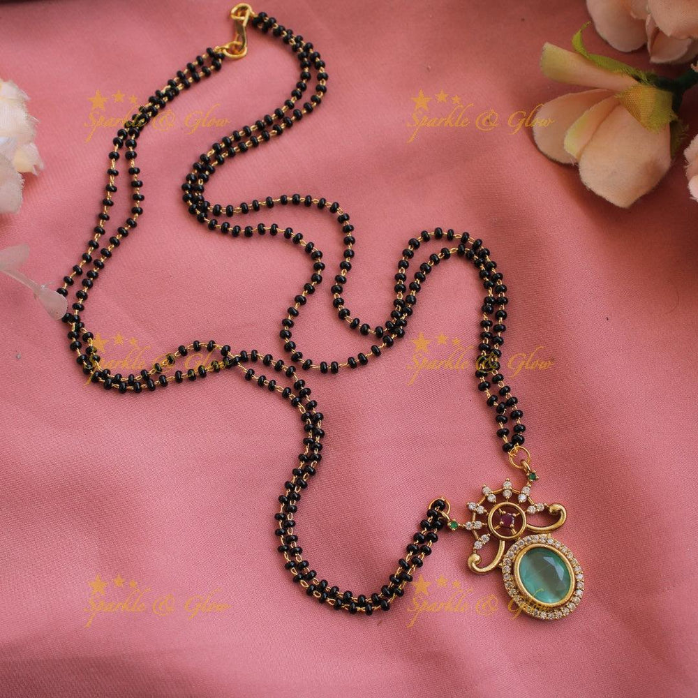 Statement floral design oval stone pendant two layer black beads necklace , mangalsutra - baby pink - Sparkle and Glow