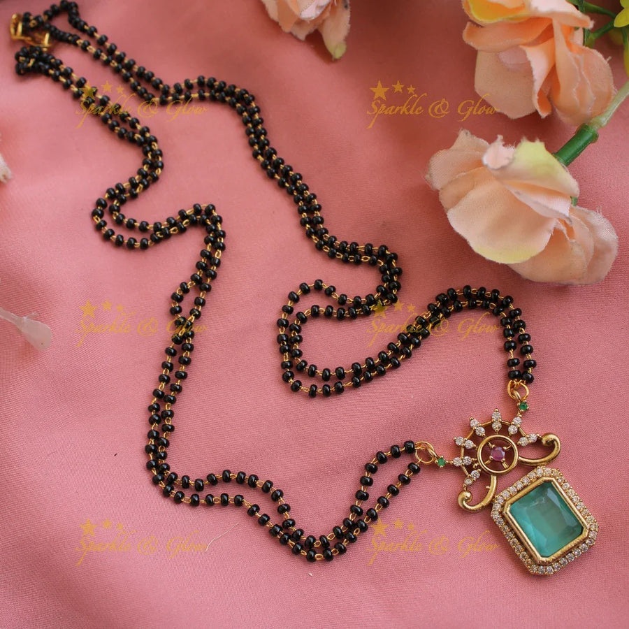 Statement floral design square stone pendant two layer black beads necklace , mangalsutra - mint green - Sparkle and Glow
