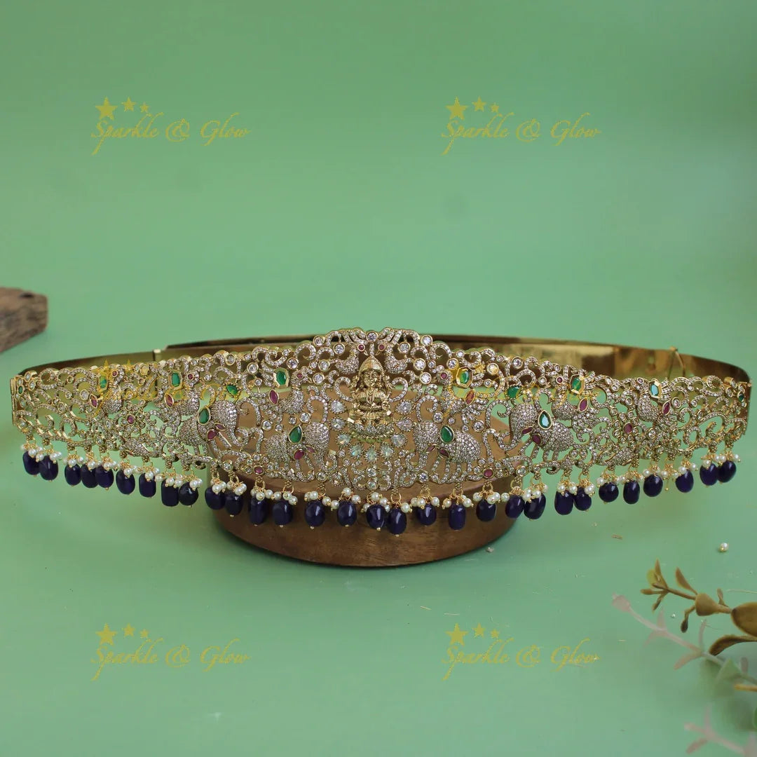 Gorgeous Lakshmi peacock elephant carved gold finish victorian ad hipbelt with ruby emerald and Mint green beads - Sparkle and Glow