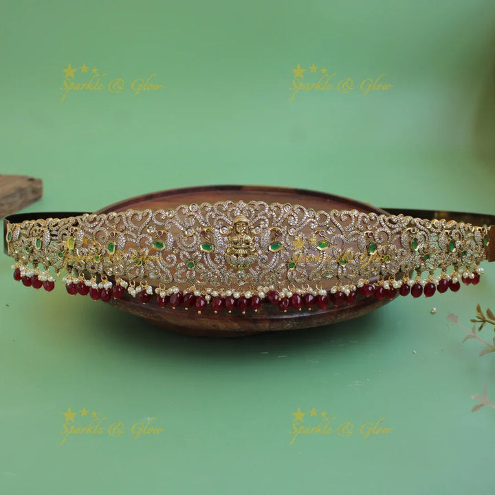 Gorgeous Lakshmi peacock carved gold finish victorian ad hipbelt with ruby emerald and red beads - Sparkle and Glow