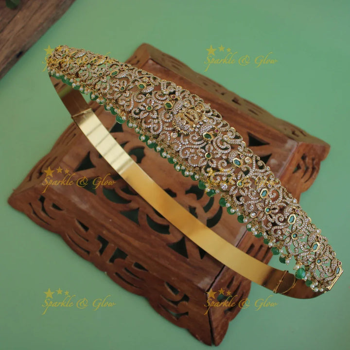 Gorgeous Lakshmi peacock carved gold finish victorian ad hipbelt with ruby emerald and red beads - Sparkle and Glow