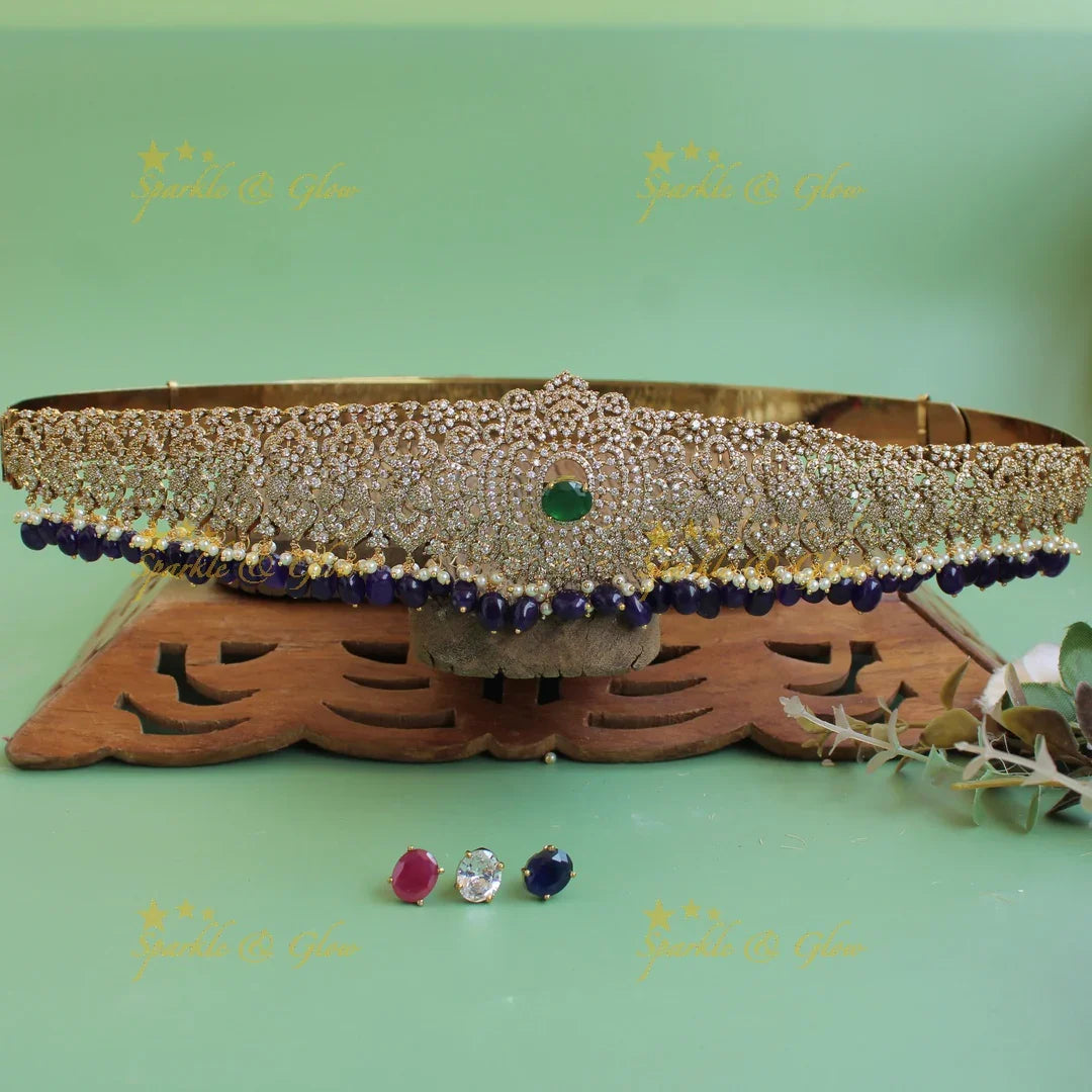 Grand Floral design white finish victorian ad hipbelt with interchangeable stones and blue beads - Sparkle and Glow