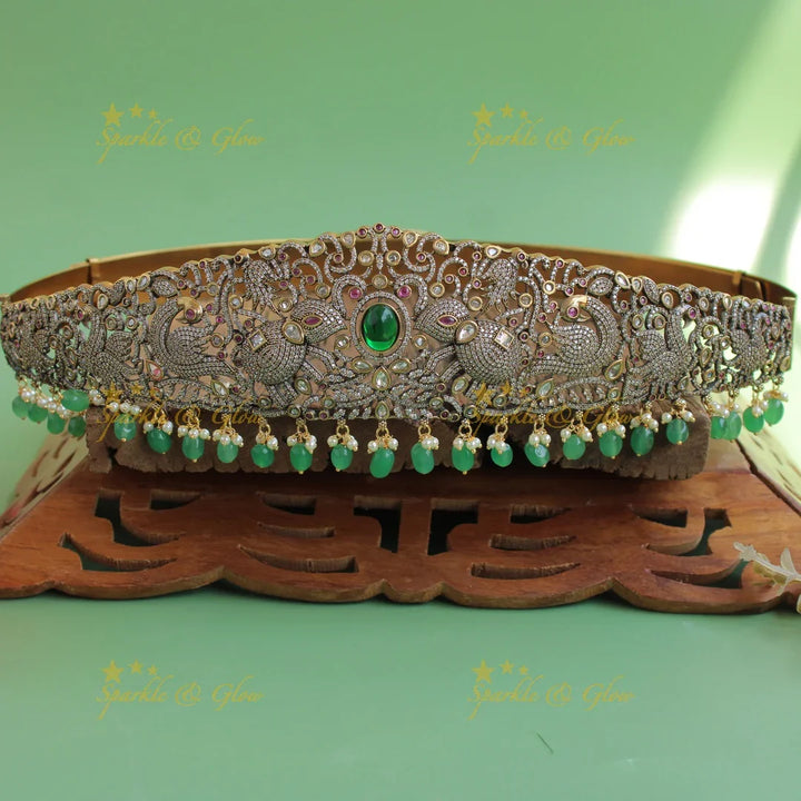 Elegant Elephant peacock carved gold finish victorian ad hipbelt with ruby and red beads - Sparkle and Glow