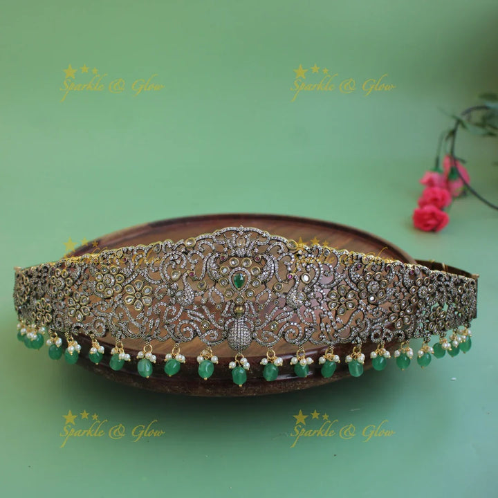 Beautiful Peacock floral design black finish victorian ad hipbelt with stones and maroon beads - Sparkle and Glow