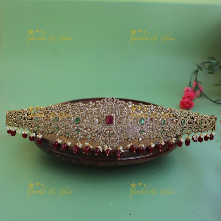 Statement Peacock floral design gold finish victorian ad hipbelt with interchangeable stones and maroon beads - Sparkle and Glow