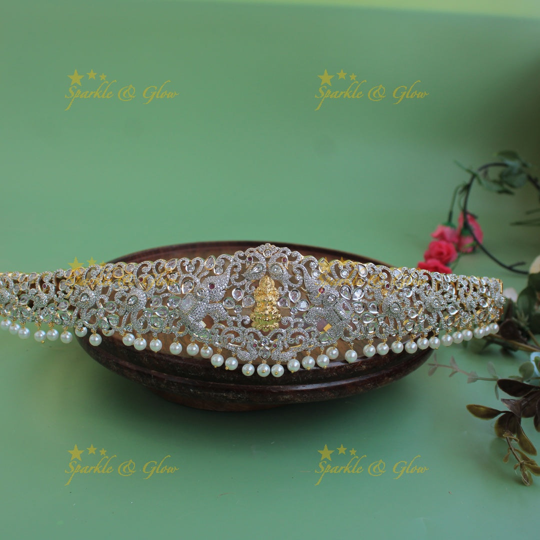 Gorgeous Lakshmi elephant Peacock carved white and gold finish american diamond hipbelt with pearl drops