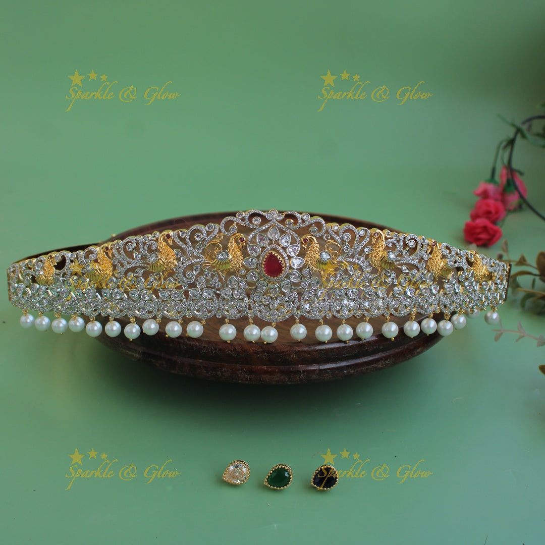 Exlusive Peacock floral design dual finish american diamond hipbelt with interchangeable stones and pearl drops