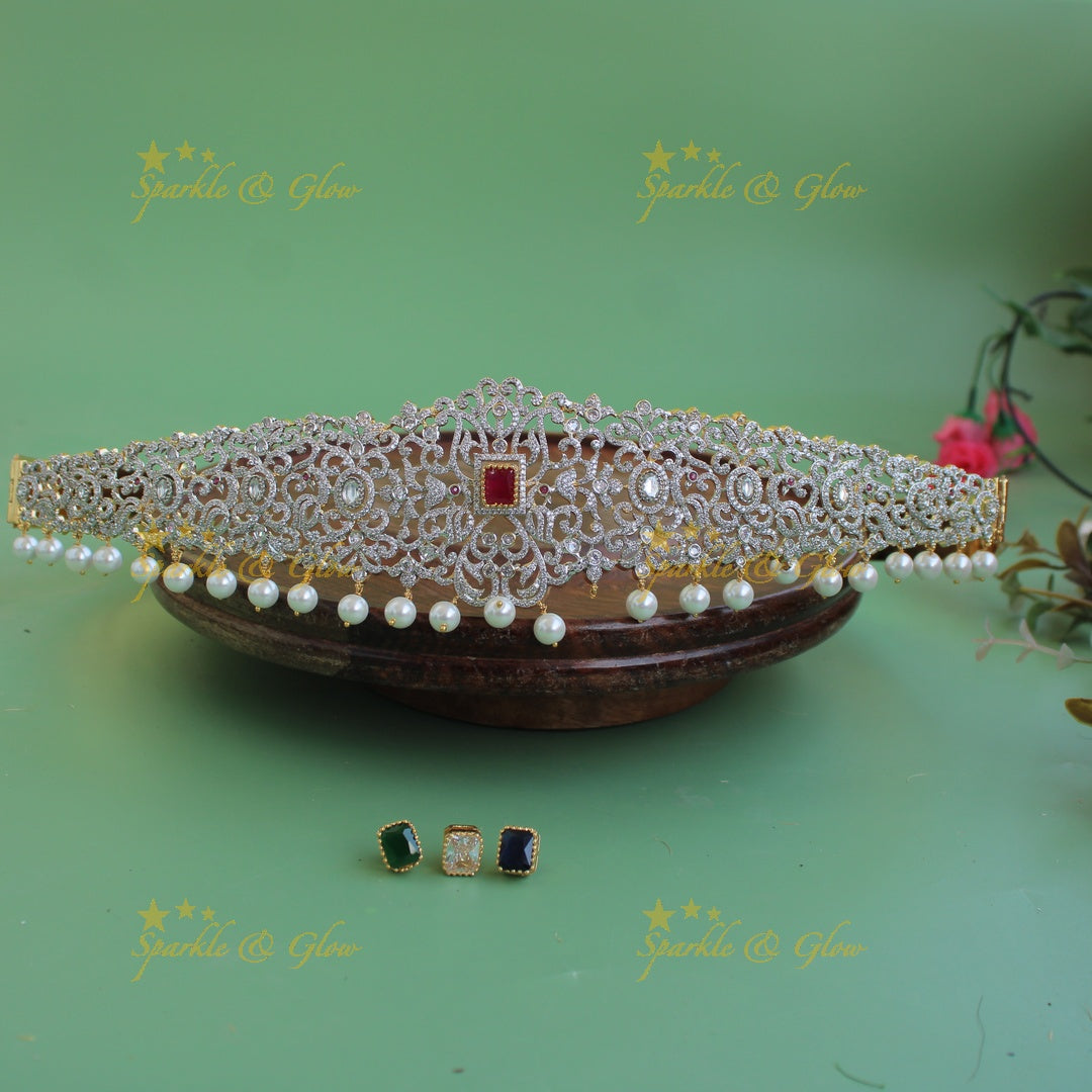 Grand Floral design american diamond hipbelt with interchangeable stones and pearl drops