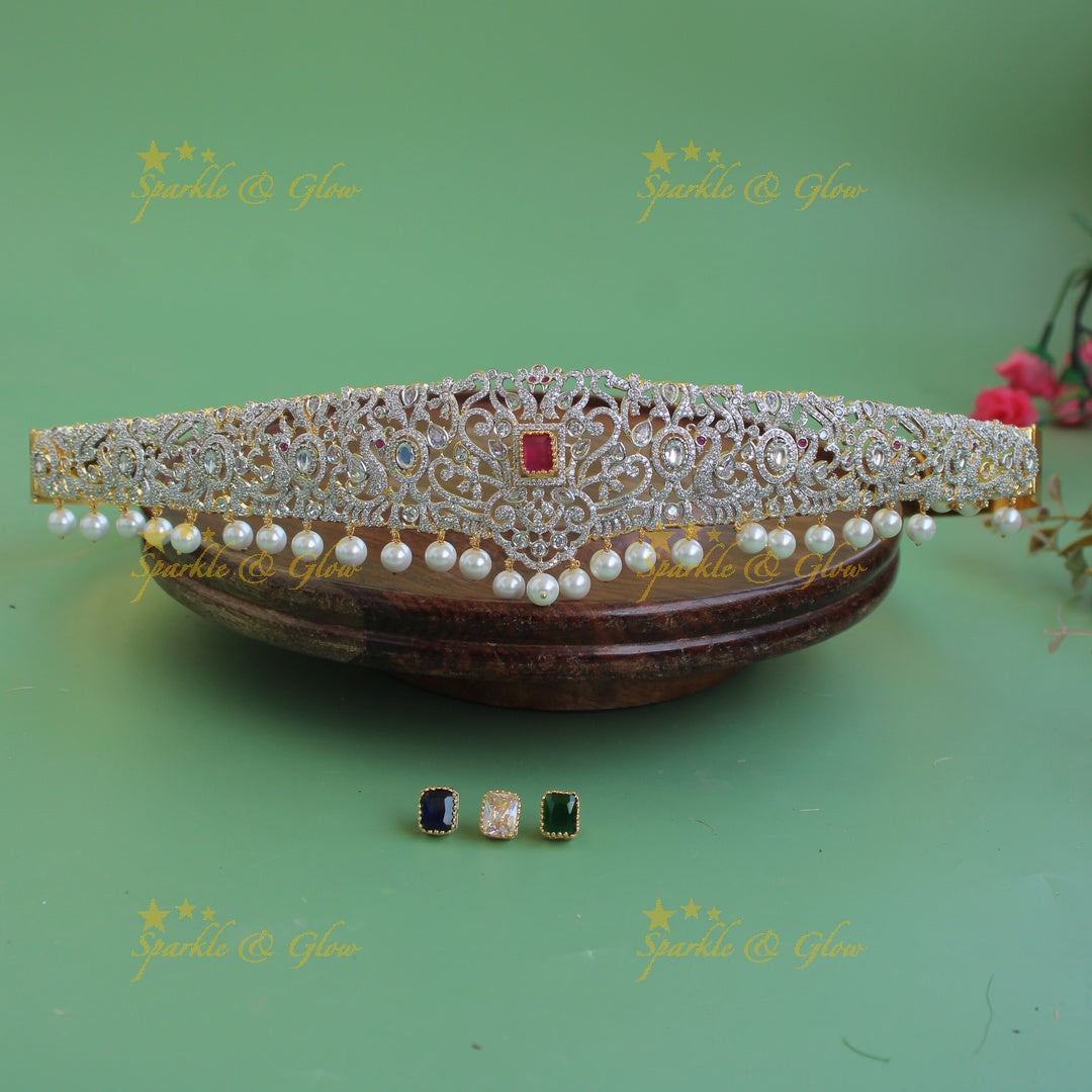 Elegant Peacock design american diamond hipbelt with interchangeable stones and pearl drops