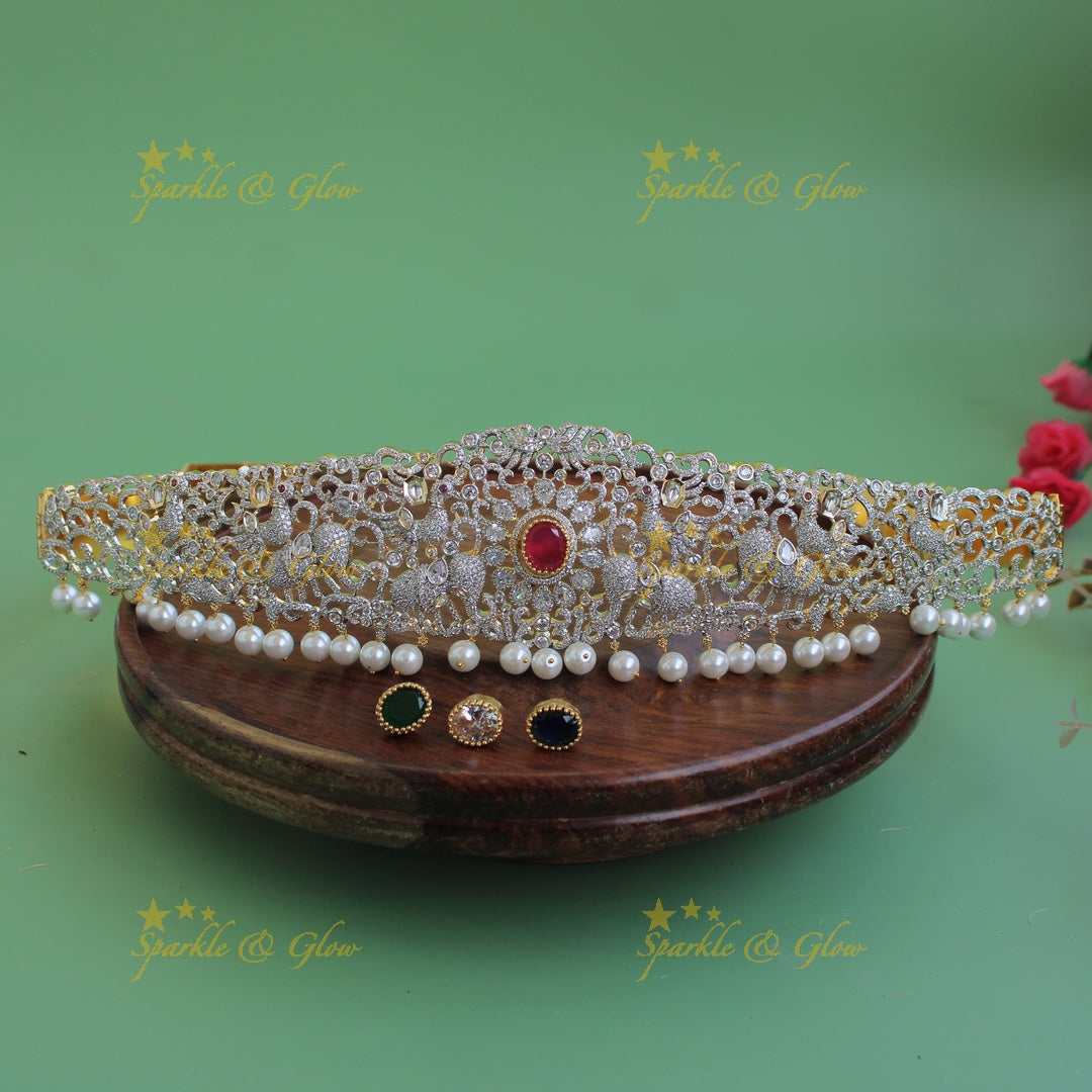 Sparkling Peacock Elephant Floral design american diamond hipbelt with interchangeable stones and pearl drops