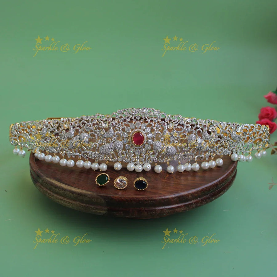 Sparkling Peacock Elephant Floral design american diamond hipbelt with interchangeable stones and pearl drops - Sparkle and Glow