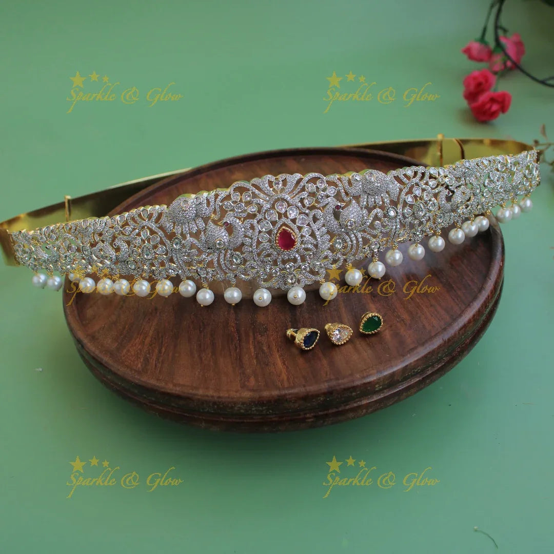 Beautiful Peacock Elephant flower design american diamond hipbelt with interchangeable stones and pearl drops - Sparkle and Glow