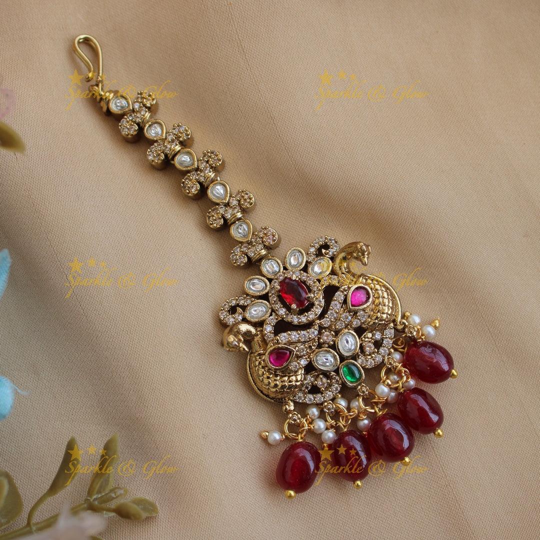 Green Stone Victorian Maang Tikka | Peacock Design