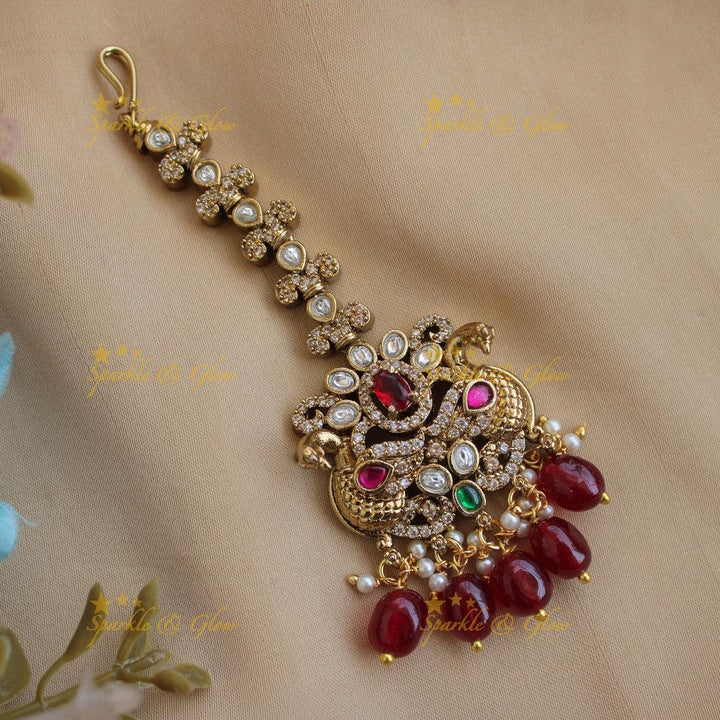 Green Stone Victorian Maang Tikka | Peacock Design