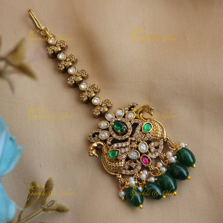 Green Stone Victorian Maang Tikka | Peacock Design