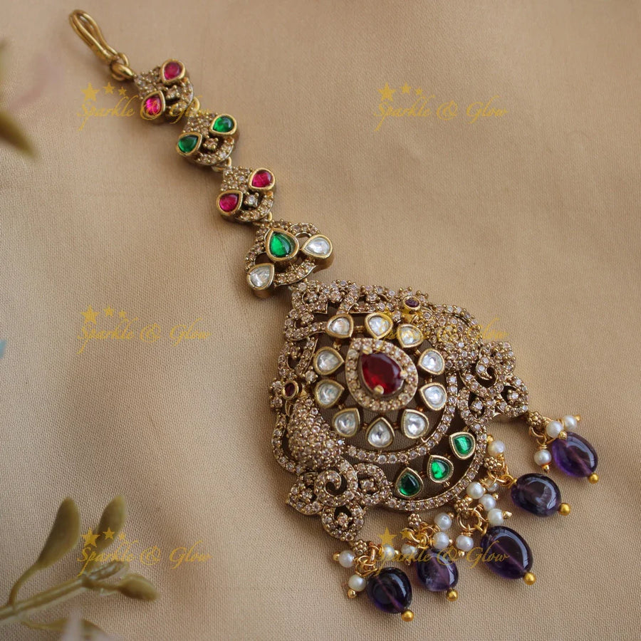 Elegant Peacock floral design victorian maang tikka with multi colour stones and purple beads - Sparkle and Glow