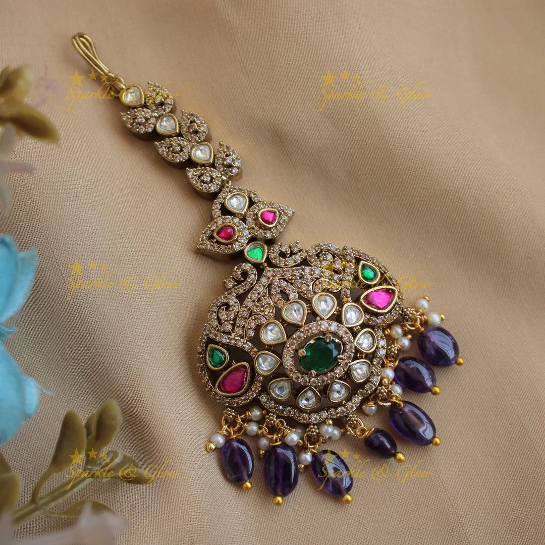 Floral leaflet design victorian maang tikka with multi colour stones and purple beads - Sparkle and Glow