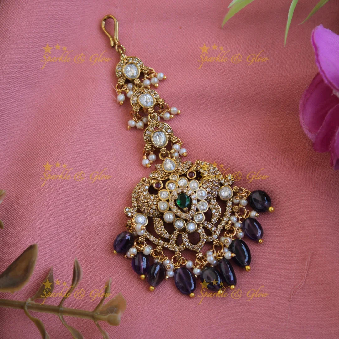 Victorian Multi-Color Maang Tikka with Floral Peacock Motif