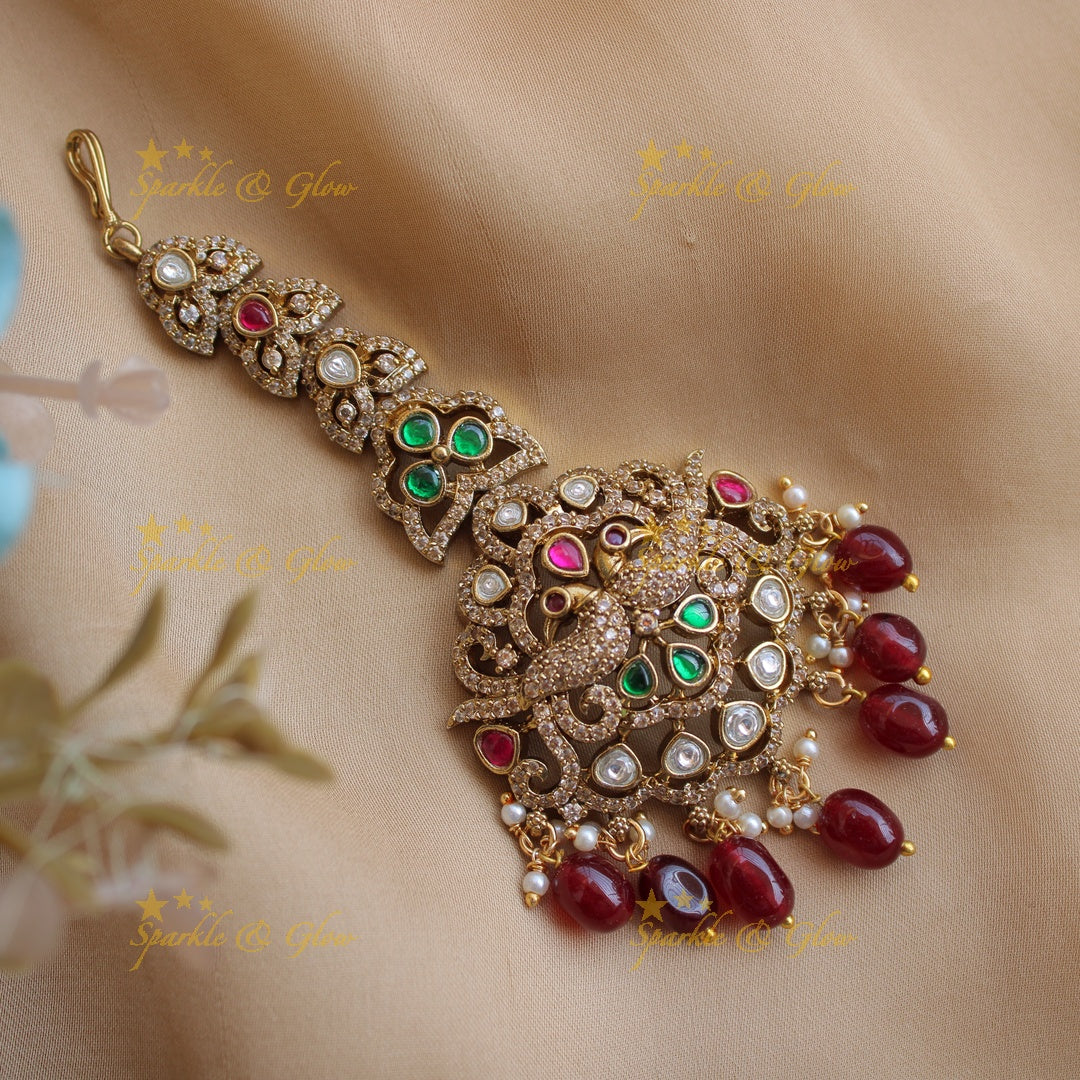 Beautiful Floral victorian maang tikka with Maroon beads