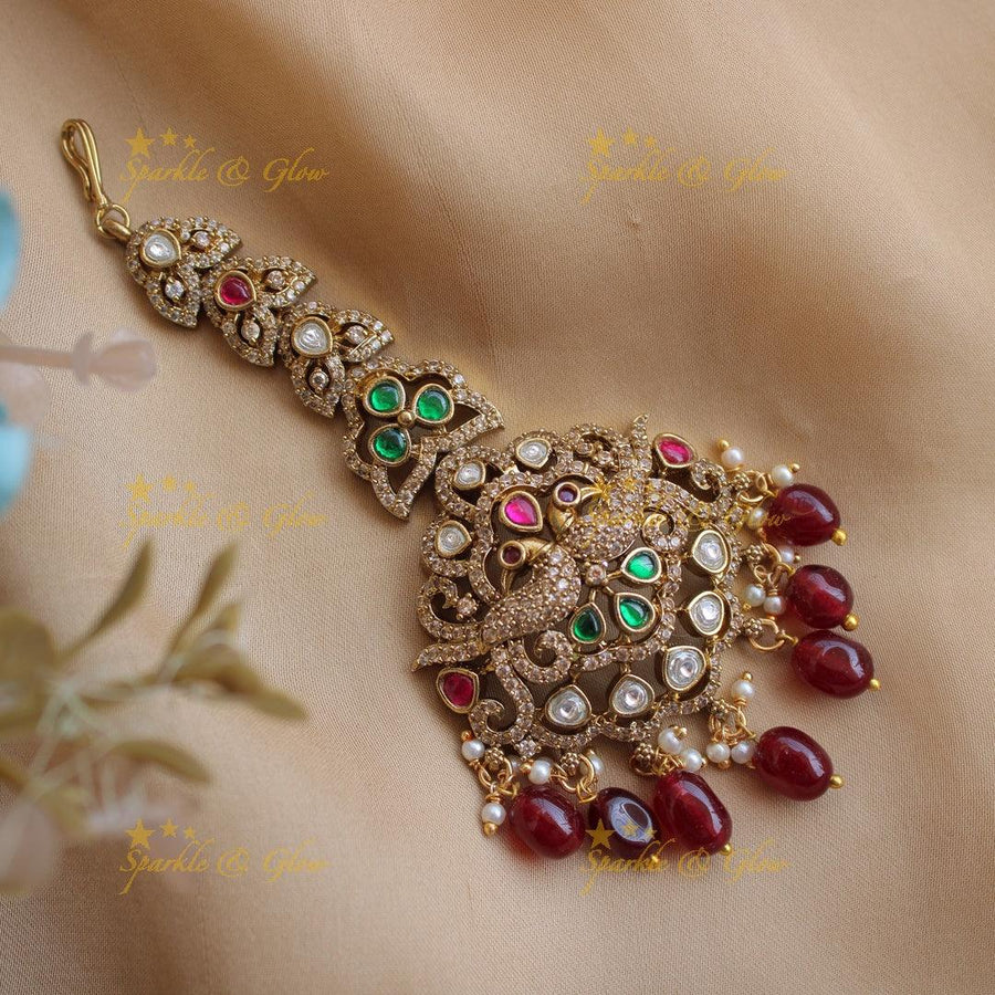 Beautiful Floral victorian maang tikka with Maroon beads - Sparkle and Glow