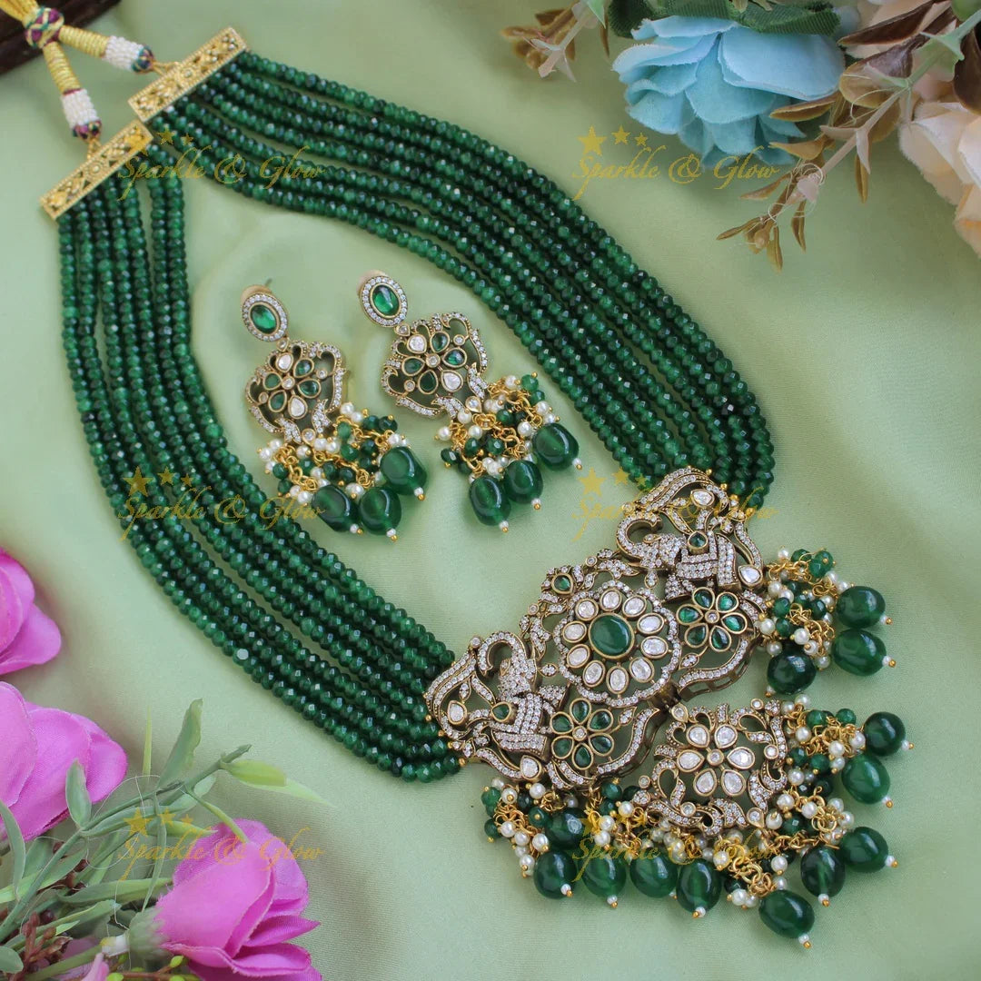 Gorgeous Elephant floral design pendant Victorian AD haram with multi layer beads chain - red - Sparkle and Glow