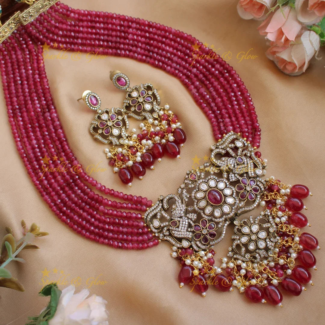 Gorgeous Elephant floral design pendant Victorian AD haram with multi layer beads chain - red - Sparkle and Glow