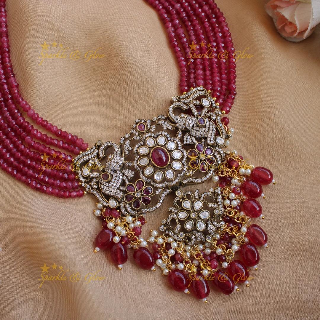 Gorgeous Elephant floral design pendant Victorian AD haram with multi layer beads chain - red - Sparkle and Glow