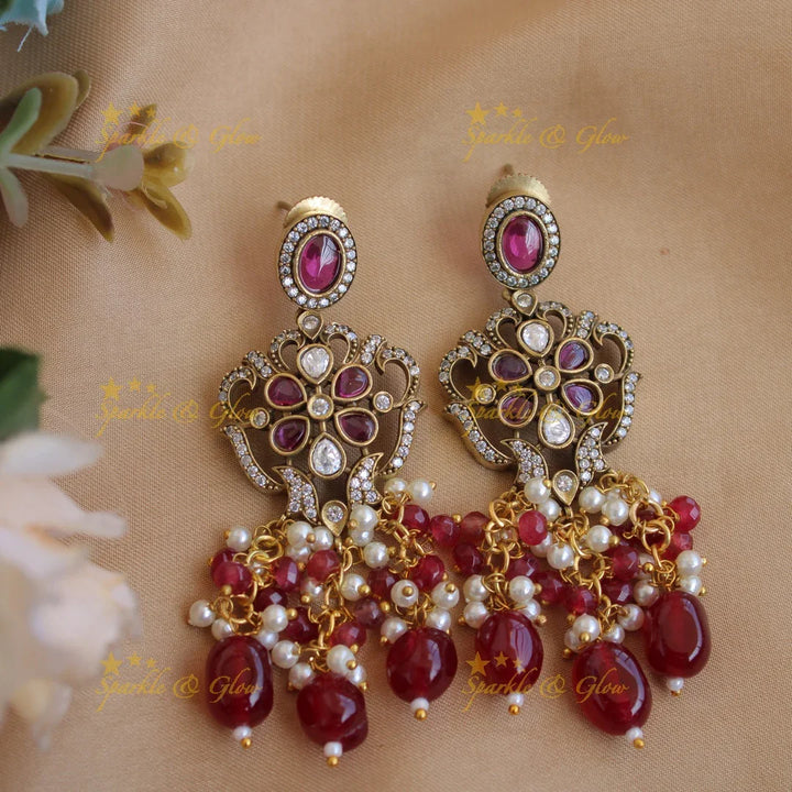 Gorgeous Elephant floral design pendant Victorian AD haram with multi layer beads chain - red - Sparkle and Glow