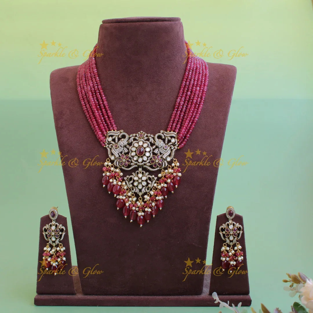 Gorgeous Elephant floral design pendant Victorian AD haram with multi layer beads chain - red - Sparkle and Glow