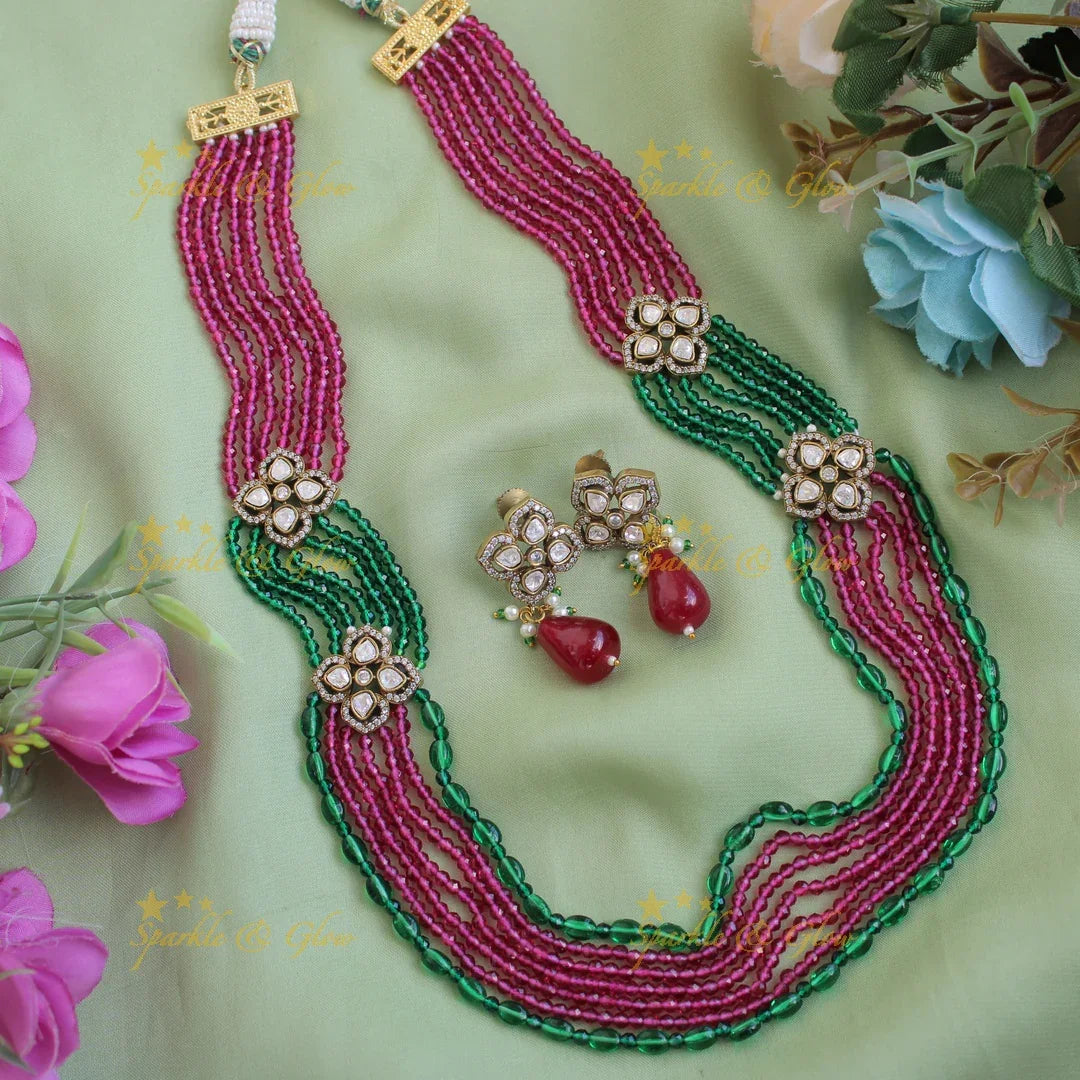 Floral design Victorian AD haram with multi layer pink and green beads chain - Sparkle and Glow