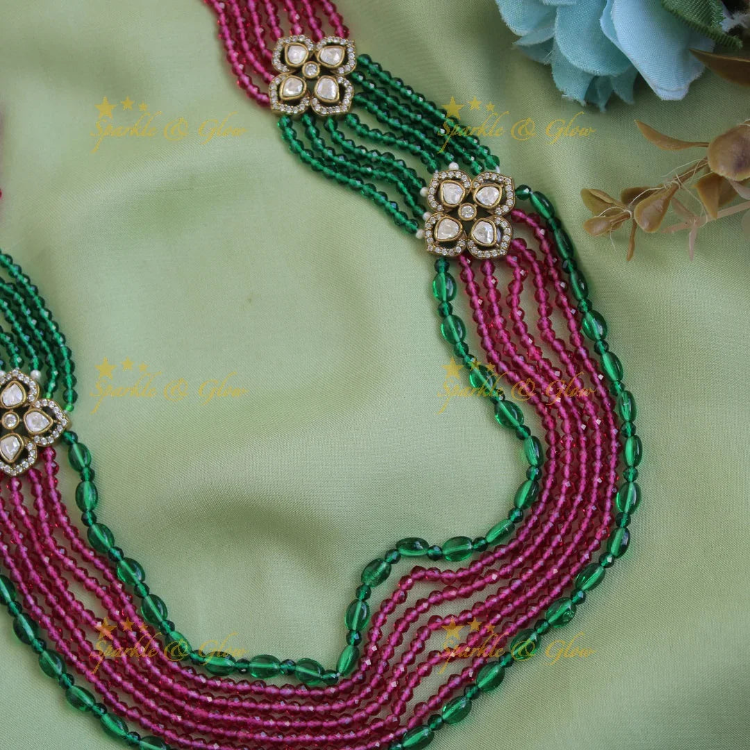 Floral design Victorian AD haram with multi layer pink and green beads chain - Sparkle and Glow