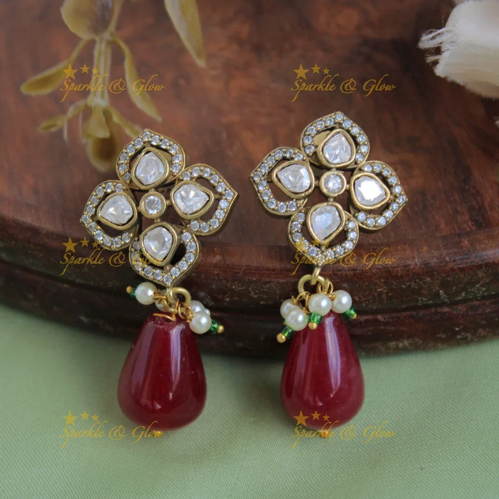 Floral design Victorian AD haram with multi layer pink and green beads chain - Sparkle and Glow