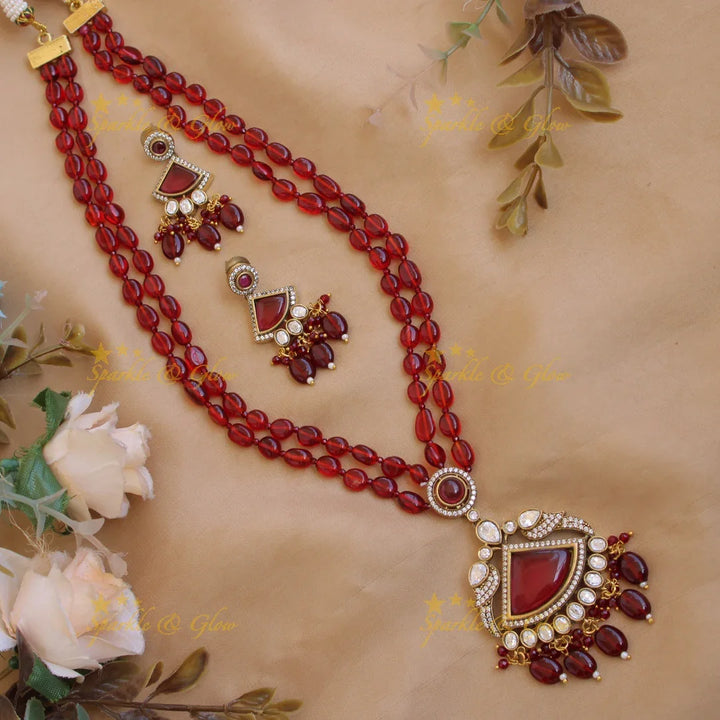 Parrot and triangle stone pendant Victorian AD haram with two layer beads chain - green - Sparkle and Glow