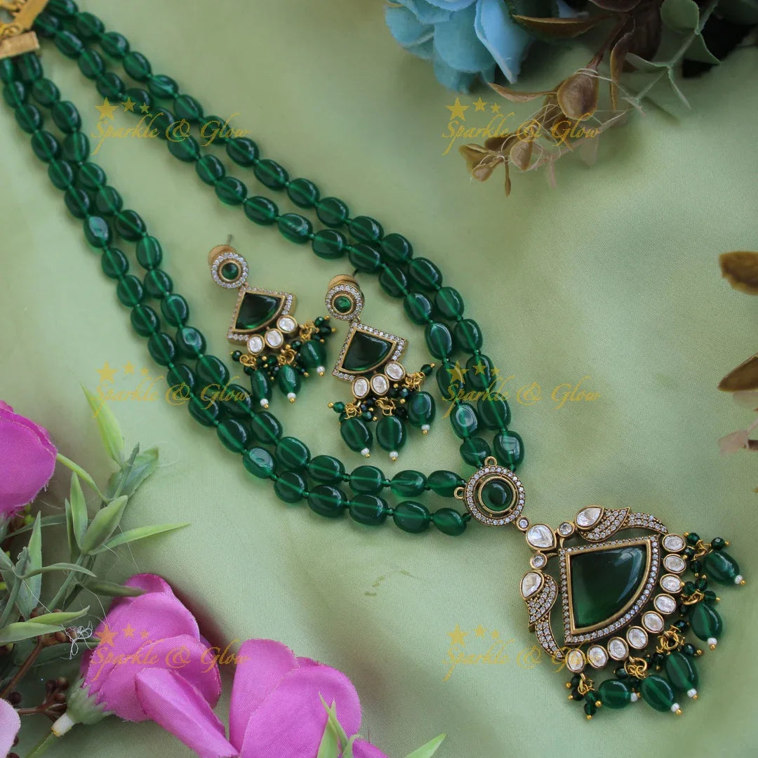 Parrot and triangle stone pendant Victorian AD haram with two layer beads chain - green - Sparkle and Glow