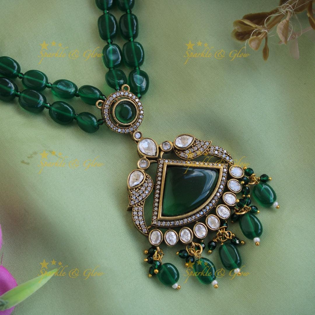 Parrot and triangle stone pendant Victorian AD haram with two layer beads chain - green - Sparkle and Glow