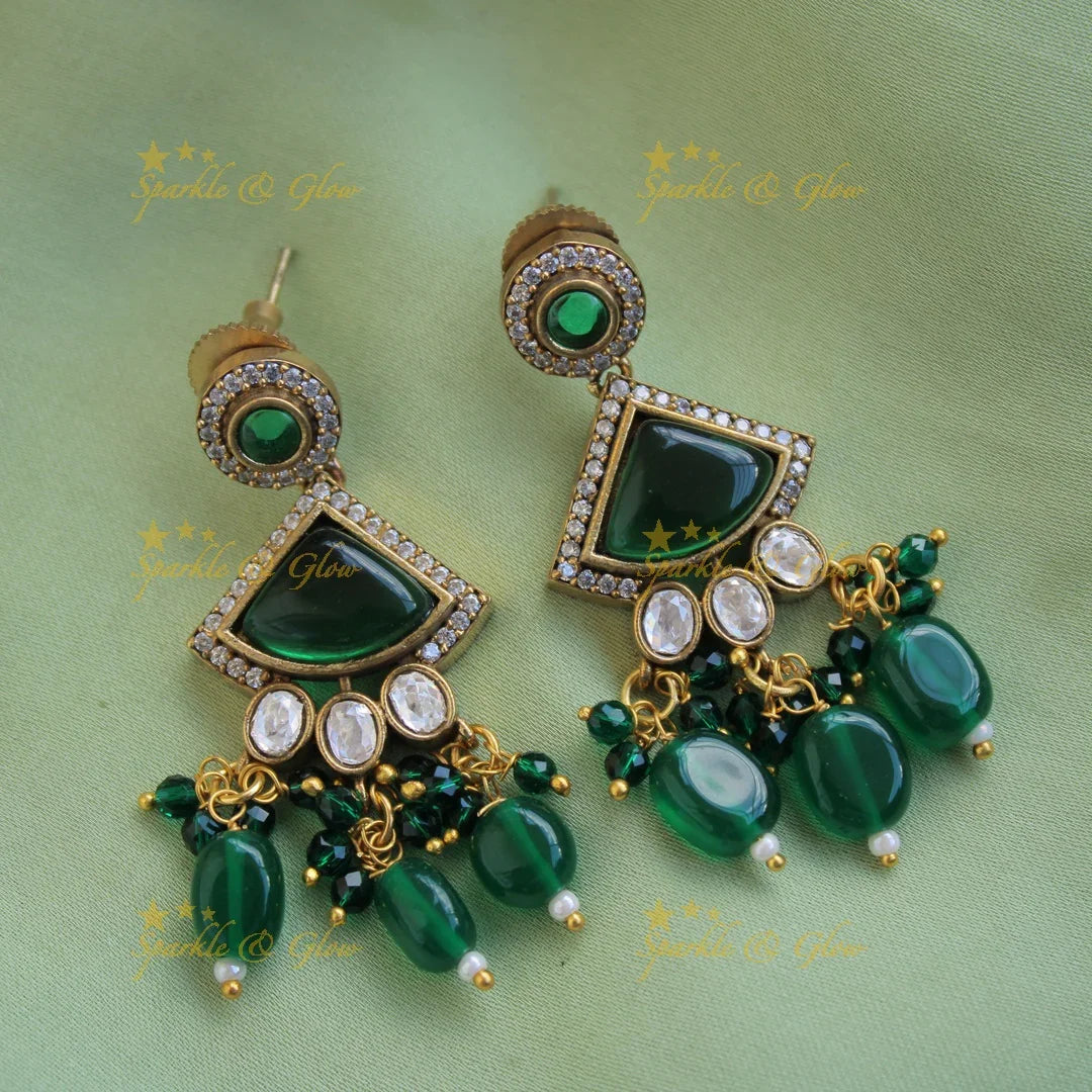 Parrot and triangle stone pendant Victorian AD haram with two layer beads chain - green - Sparkle and Glow