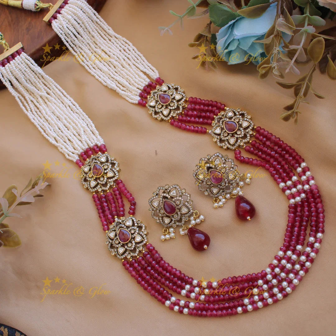 Statement floral design Victorian AD haram with multi layer pearl and beads chain - baby pink - Sparkle and Glow