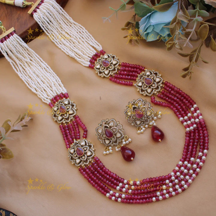 Statement floral design Victorian AD haram with multi layer pearl and beads chain - baby pink - Sparkle and Glow