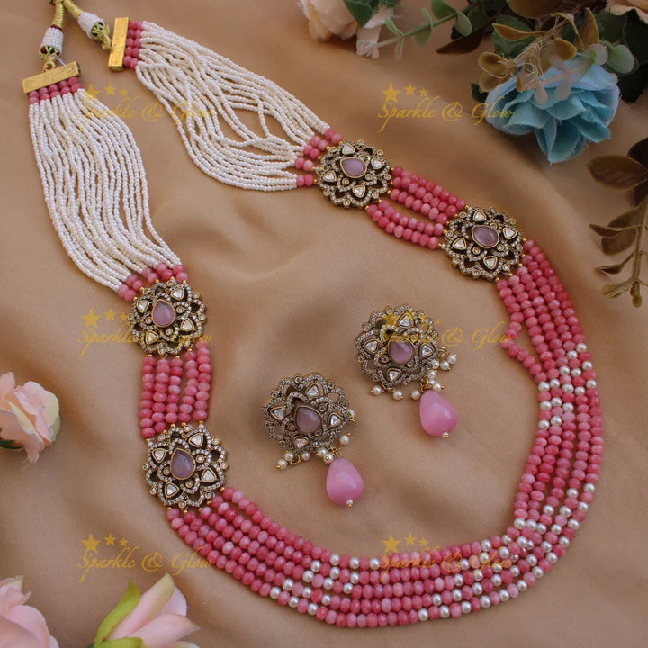 Statement floral design Victorian AD haram with multi layer pearl and beads chain - baby pink - Sparkle and Glow