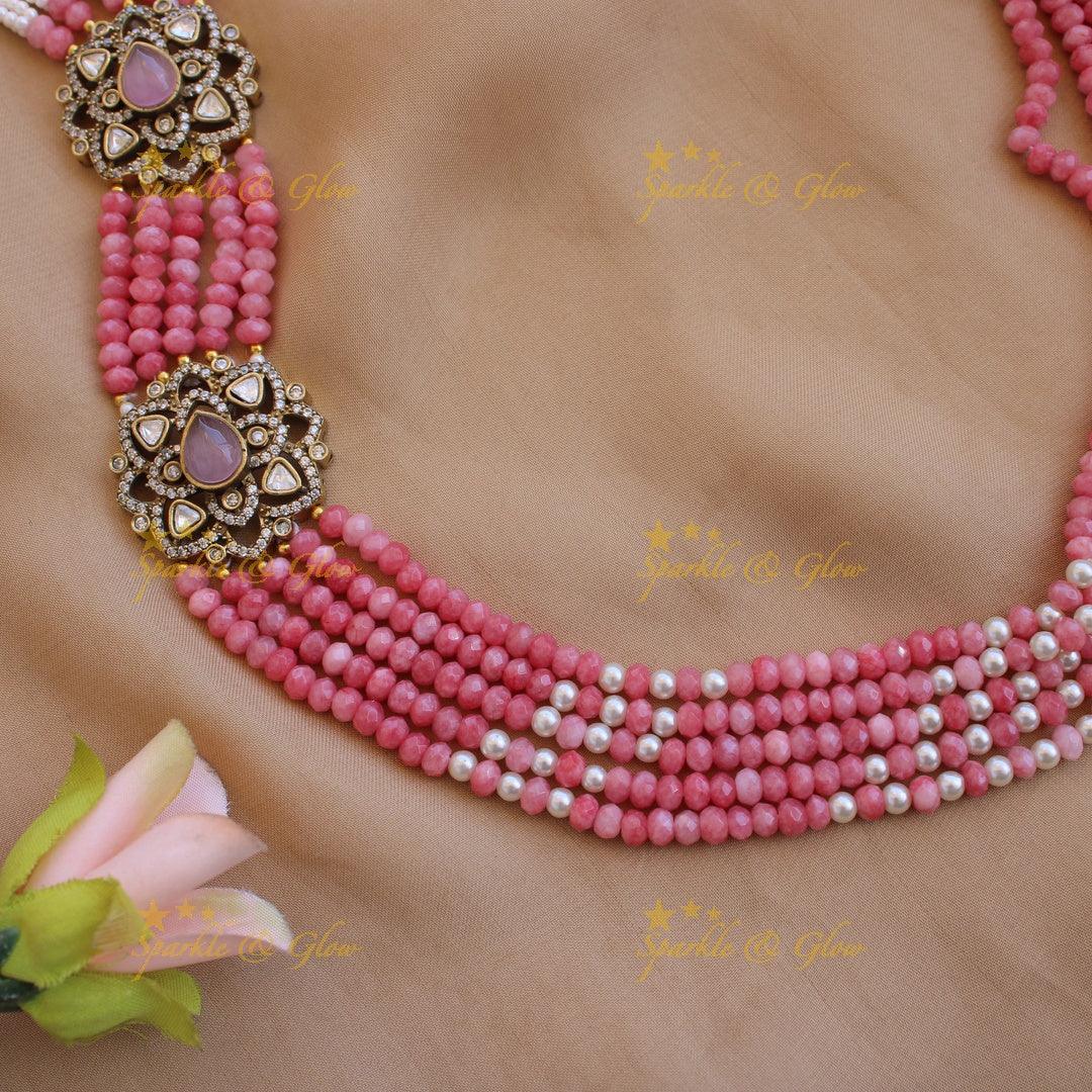Statement floral design Victorian AD haram with multi layer pearl and beads chain - baby pink - Sparkle and Glow