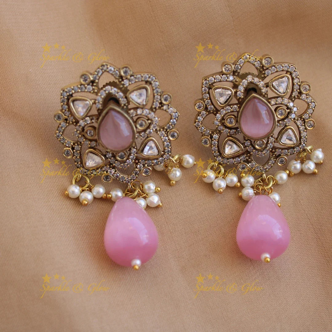 Statement floral design Victorian AD haram with multi layer pearl and beads chain - baby pink - Sparkle and Glow