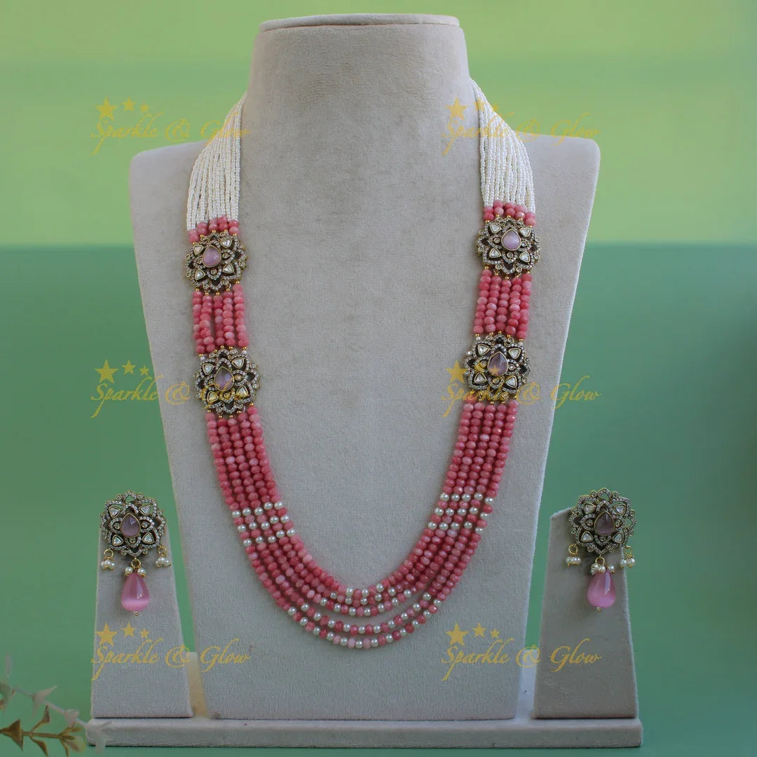 Statement floral design Victorian AD haram with multi layer pearl and beads chain - baby pink - Sparkle and Glow