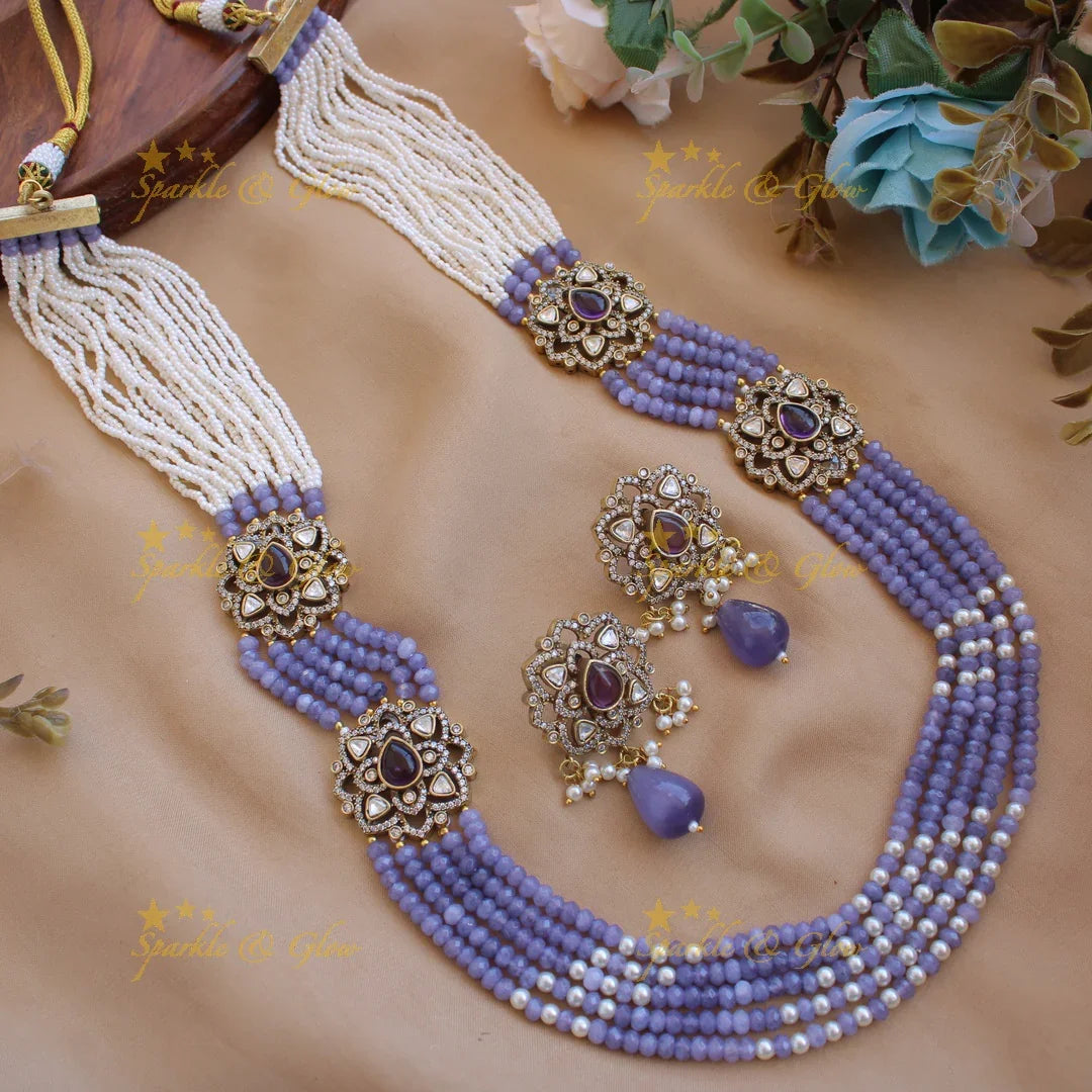 Statement floral design Victorian AD haram with multi layer pearl and beads chain - baby pink - Sparkle and Glow