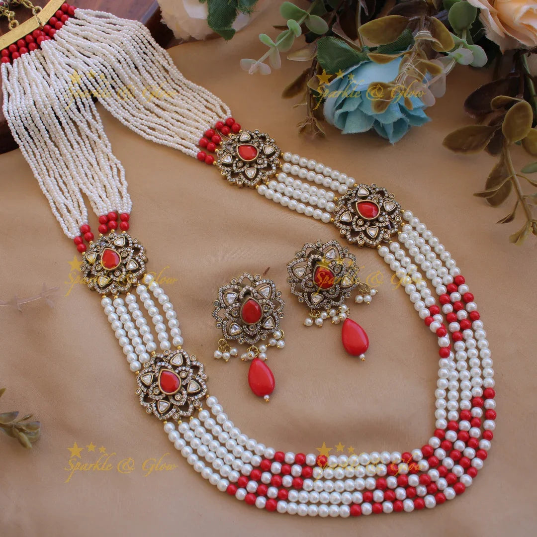 Statement floral design Victorian AD haram with multi layer pearl and beads chain - baby pink - Sparkle and Glow