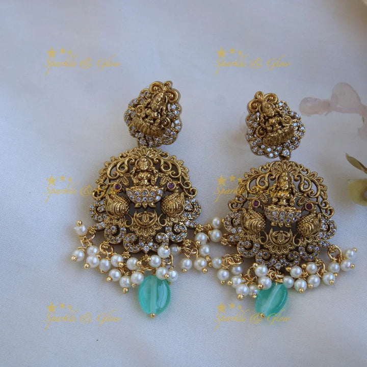 Beautiful Lakshmi peacock carved pendant Victorian AD haram with multi layer sea blue beads chain - Sparkle and Glow