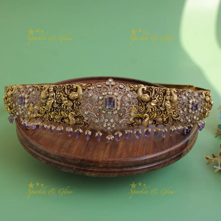 Grand intricate Peacock elephant carved dual tone victorian ad hipbelt with purple beads and stones - Sparkle and Glow