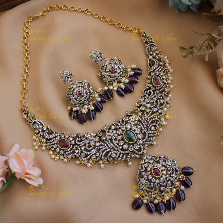 Gorgeous Floral peacock victorian AD short necklace with pearls and purple beads - Sparkle and Glow