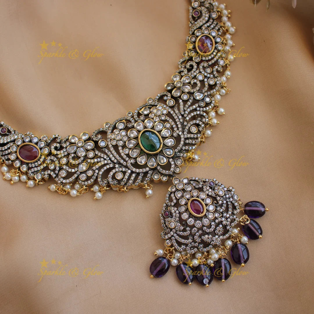 Gorgeous Floral peacock victorian AD short necklace with pearls and purple beads - Sparkle and Glow