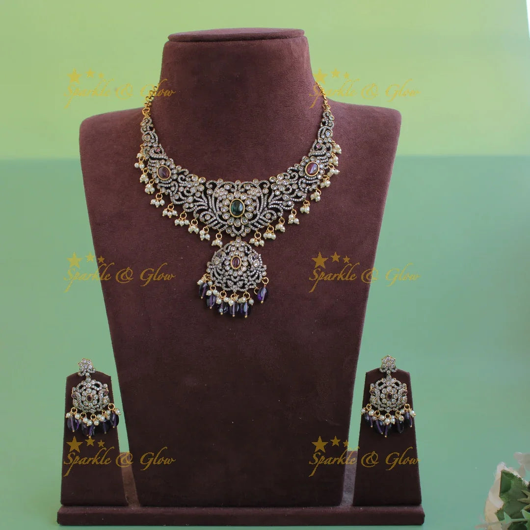 Gorgeous Floral peacock victorian AD short necklace with pearls and purple beads - Sparkle and Glow